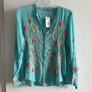 Johnny Was Teal Embroidered Women's Top
